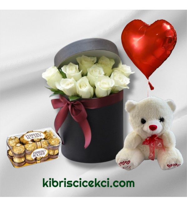 Kutuda 13 Beyaz Gül Ayıcık 16'lı Ferrero Çikolata Kalp Helyum Balon